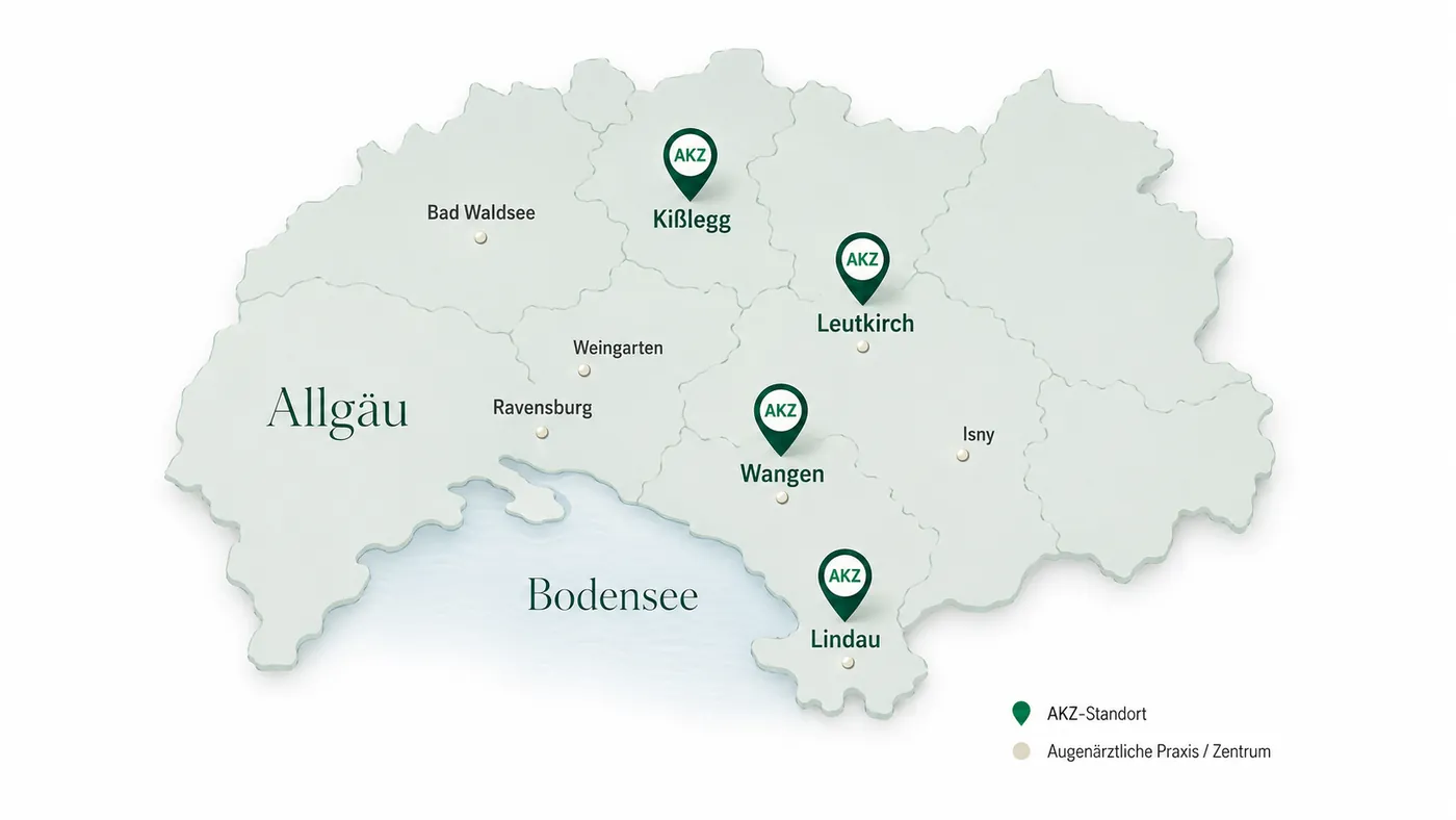 Regionale Übersicht der Standorte: AKZ-Standorte in Kißlegg, Leutkirch, Wangen und Lindau sowie augenärztliche Praxen im Allgäu und am Bodensee