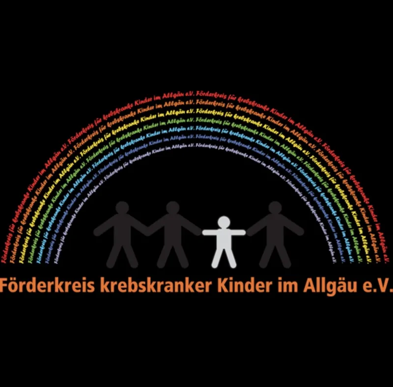 Logo des Förderkreises für krebskranke Kinder im Allgäu e. V. – ein Regenbogen aus Schriftzügen über Kinderfiguren, die sich an den Händen halten